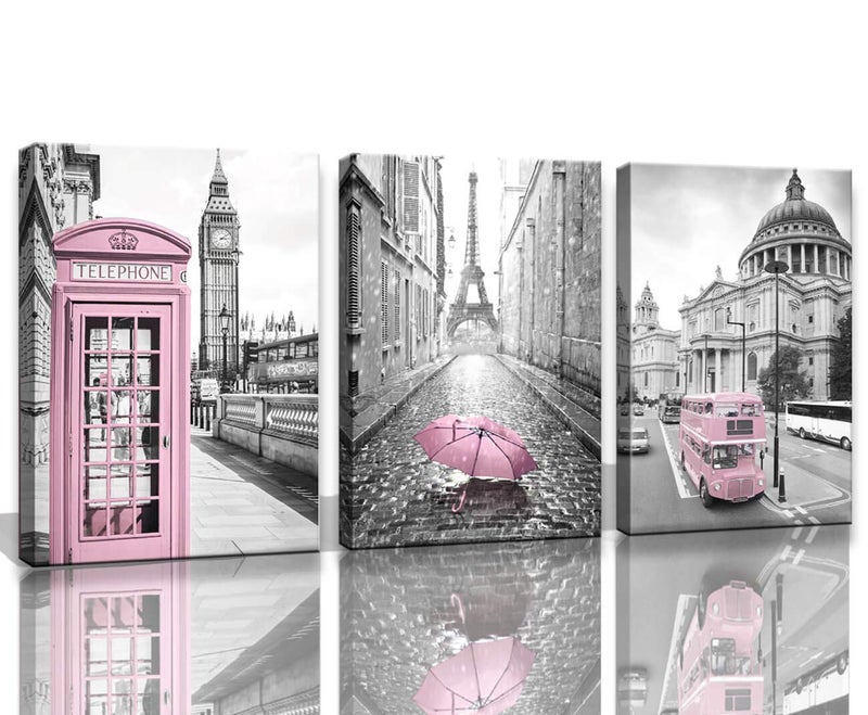 KAKEMONO Paris Eiffel Tower Decor for Bedroom Girls - Pink Paris Theme Room Wall Art Canvas - Black and White Eiffel Tower Pictures - London Big Ben Tower Painting Framed - Image 1
